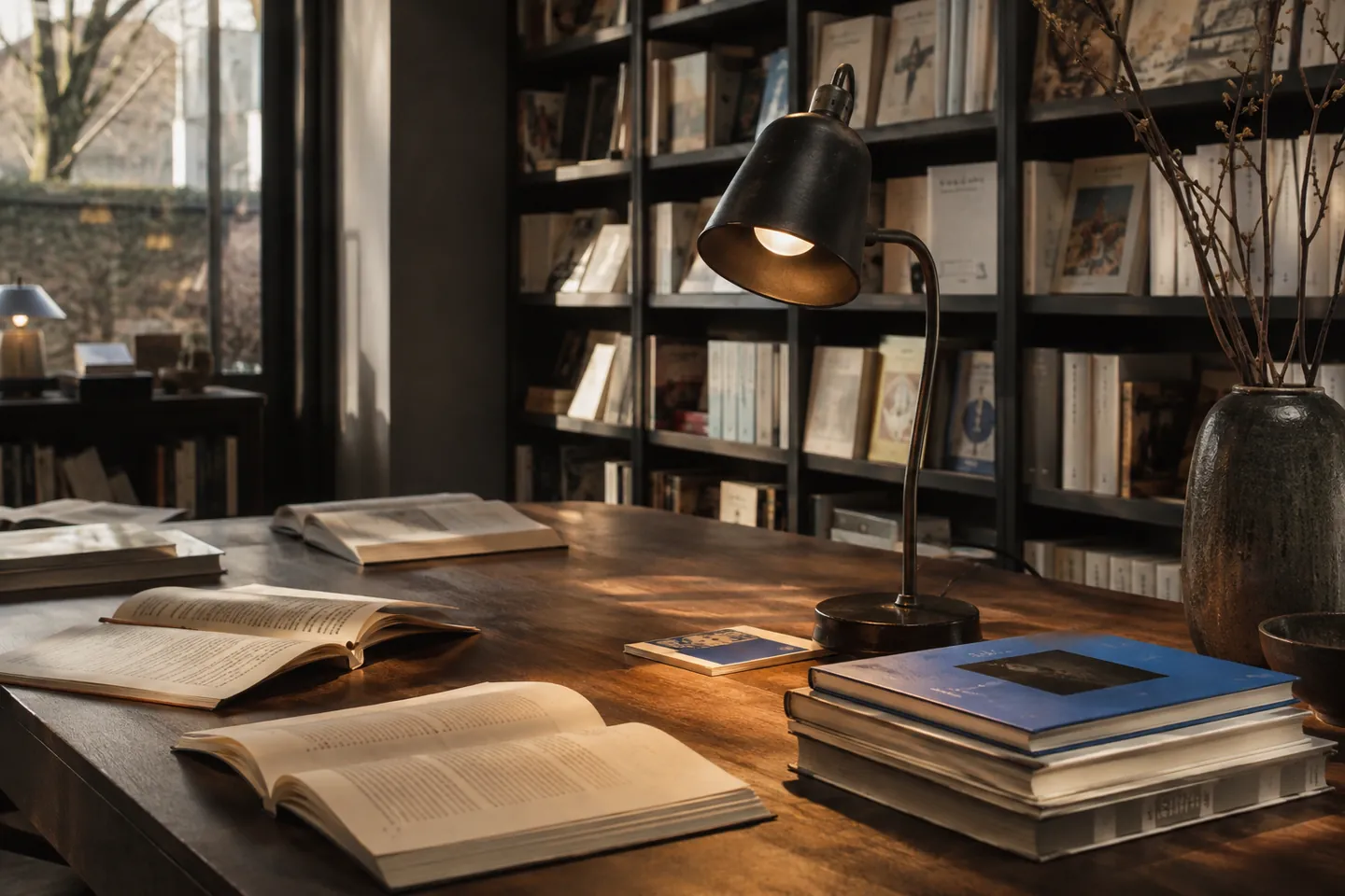 An open book and blue volumes on a sunlit independent bookshop table