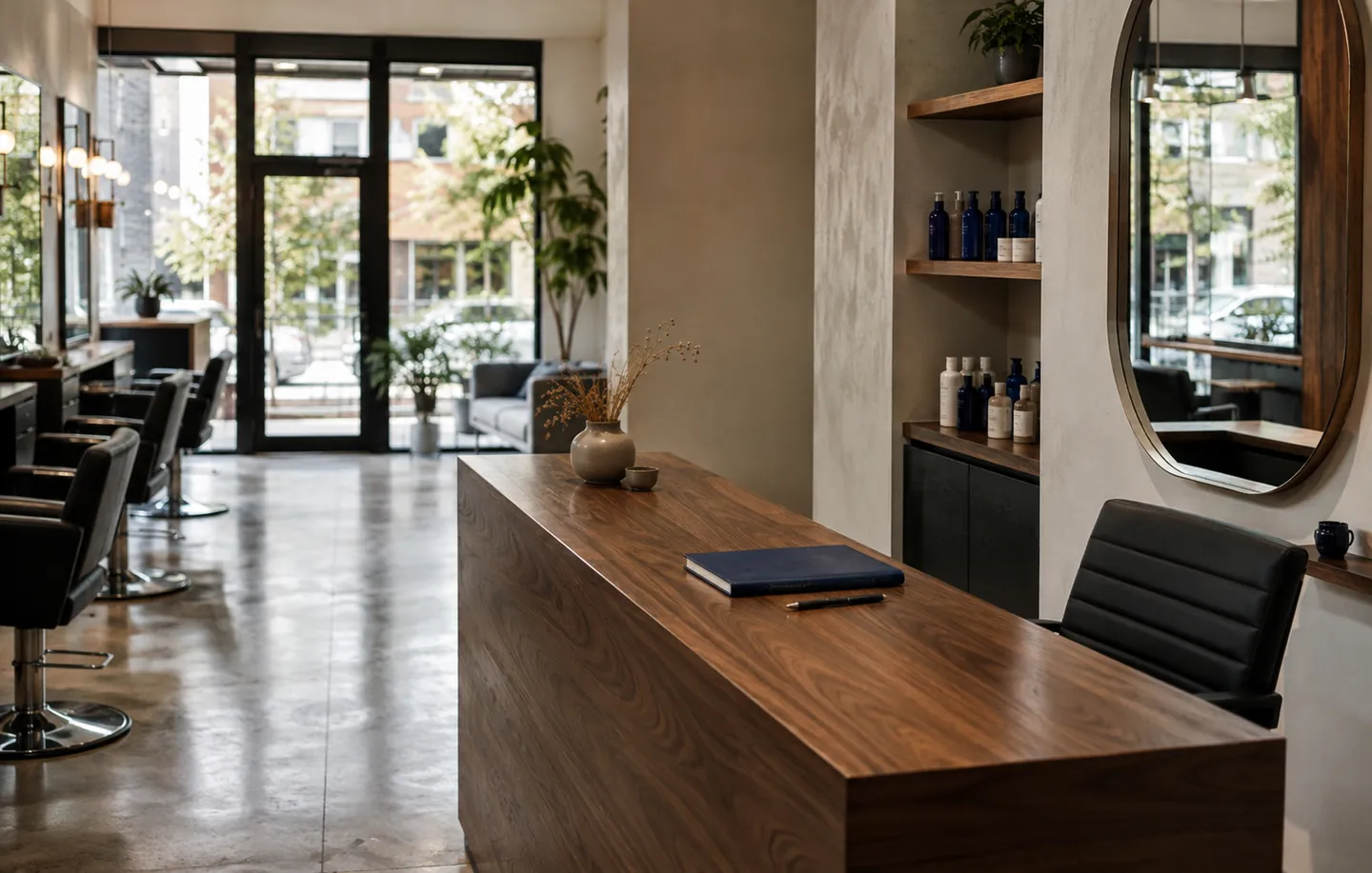 A salon reception counter with a dark appointment notebook in natural light