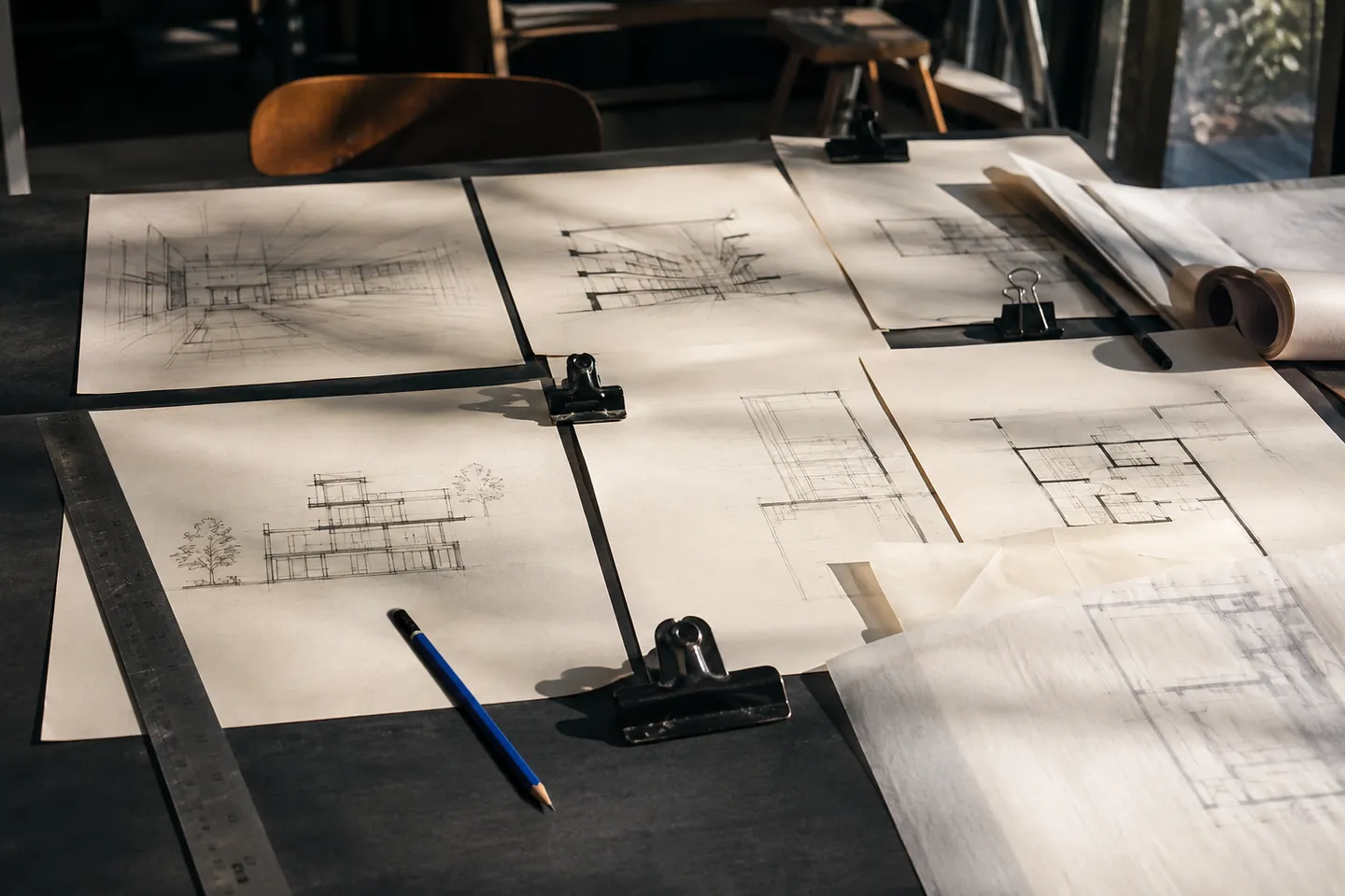 Architecture review sheets, binder clips and a blue pencil on a worktable