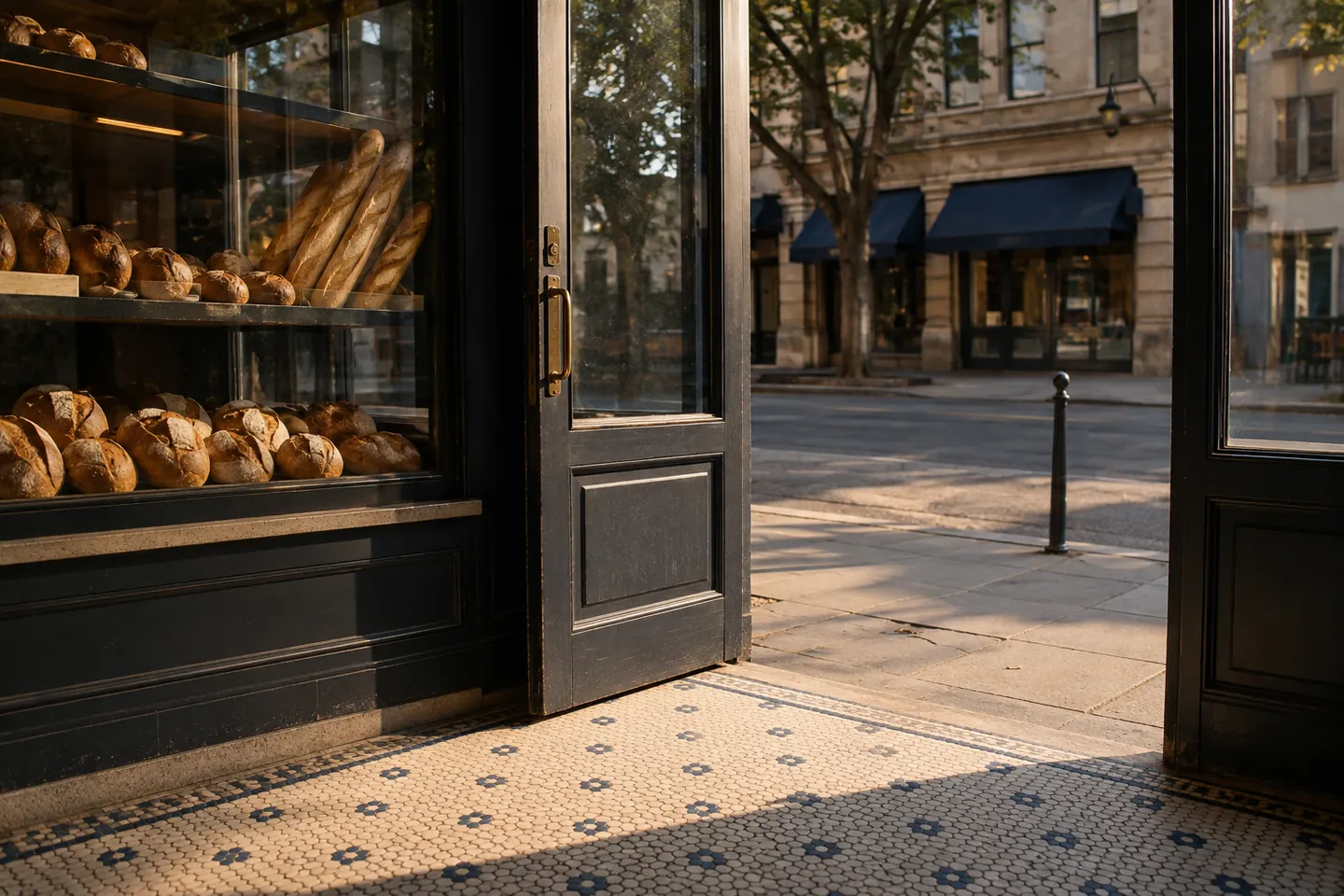 The open entrance of a neighborhood bakery looking onto the street