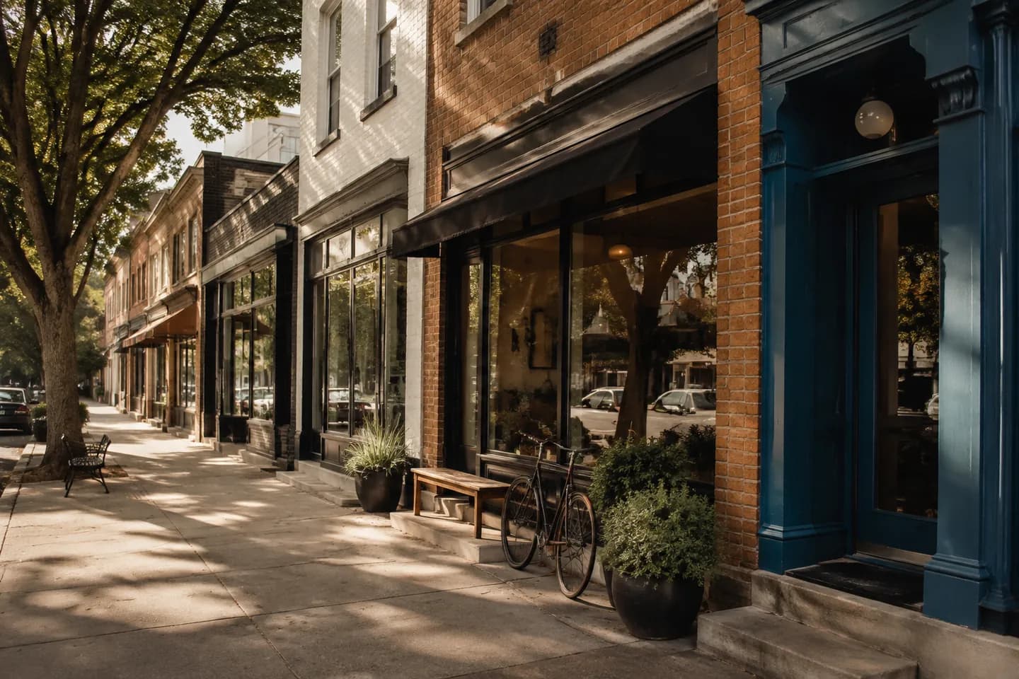 Independent brick storefronts along a tree-lined neighborhood street