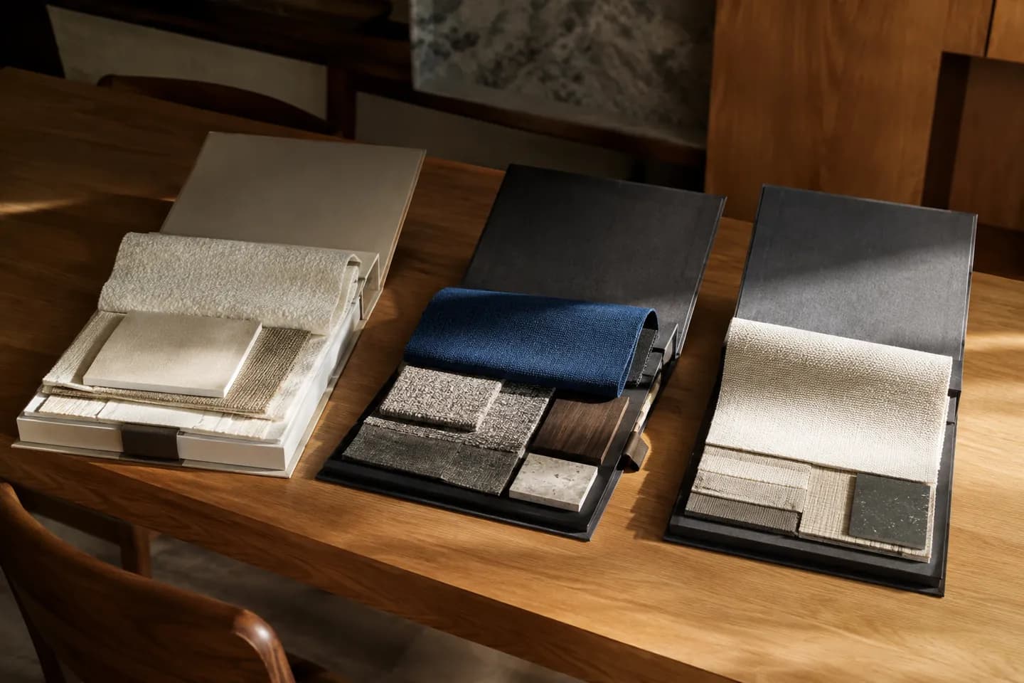Three material sample books arranged on an interior designer’s oak table