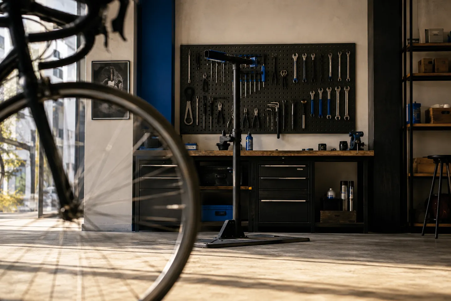 A bicycle wheel and repair stand inside a sunlit independent cycle workshop