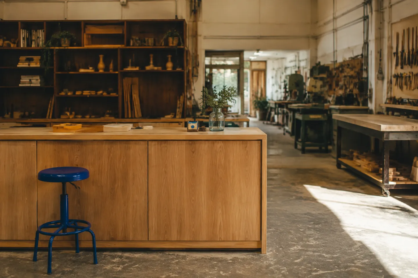 A wood workshop counter with a blue stool and tools beyond it