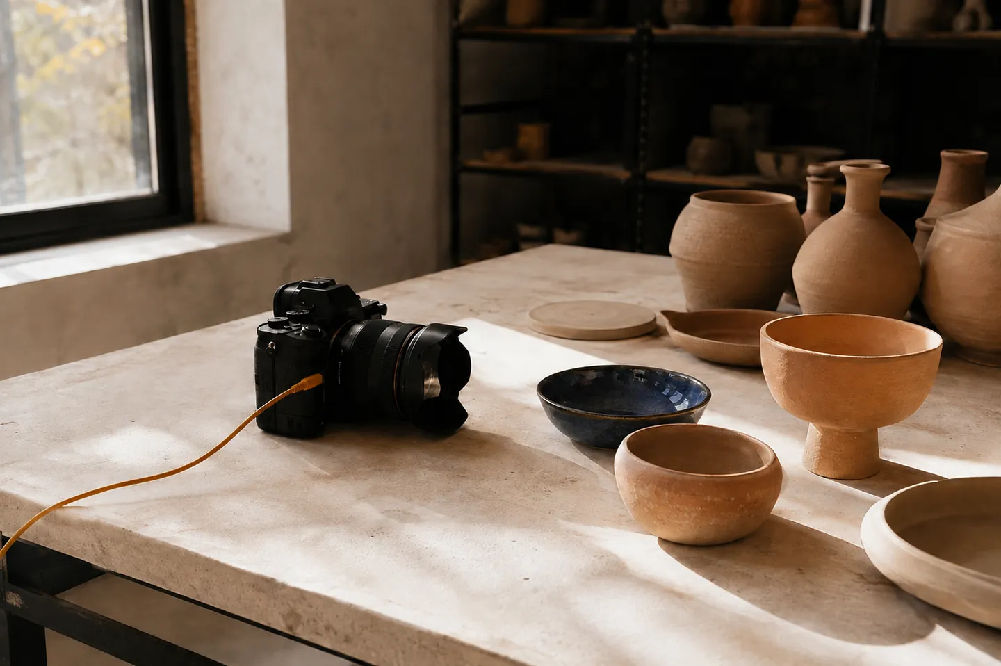 A camera beside terracotta vessels and a blue glazed bowl in a pottery studio