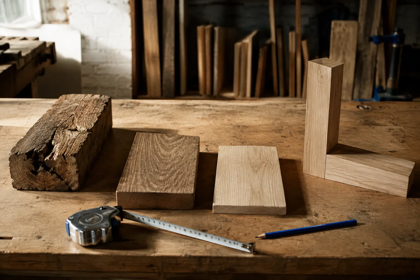 Wood samples and measuring tools on a carpenter’s workbench