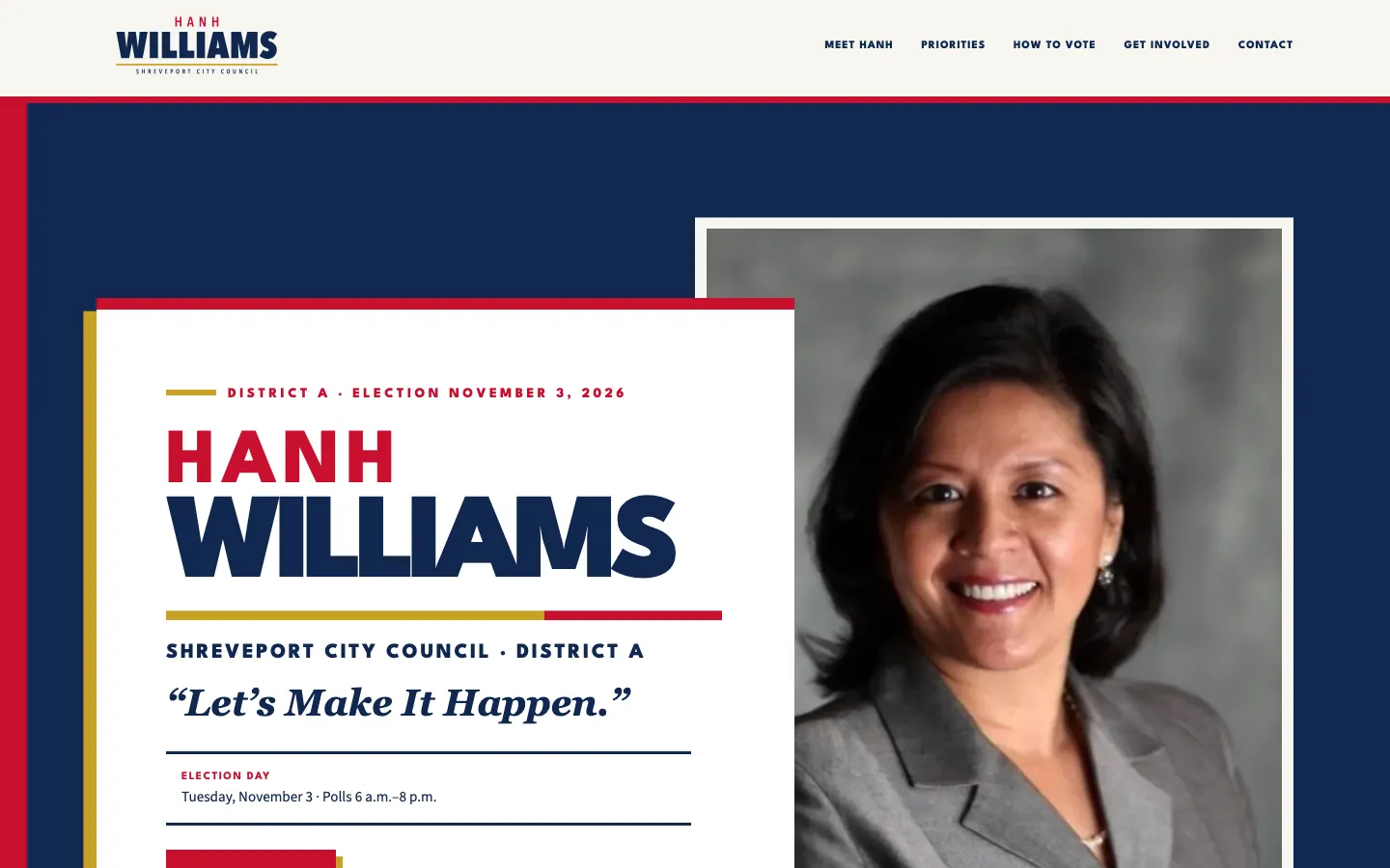 Desktop capture of the Hanh Williams campaign website