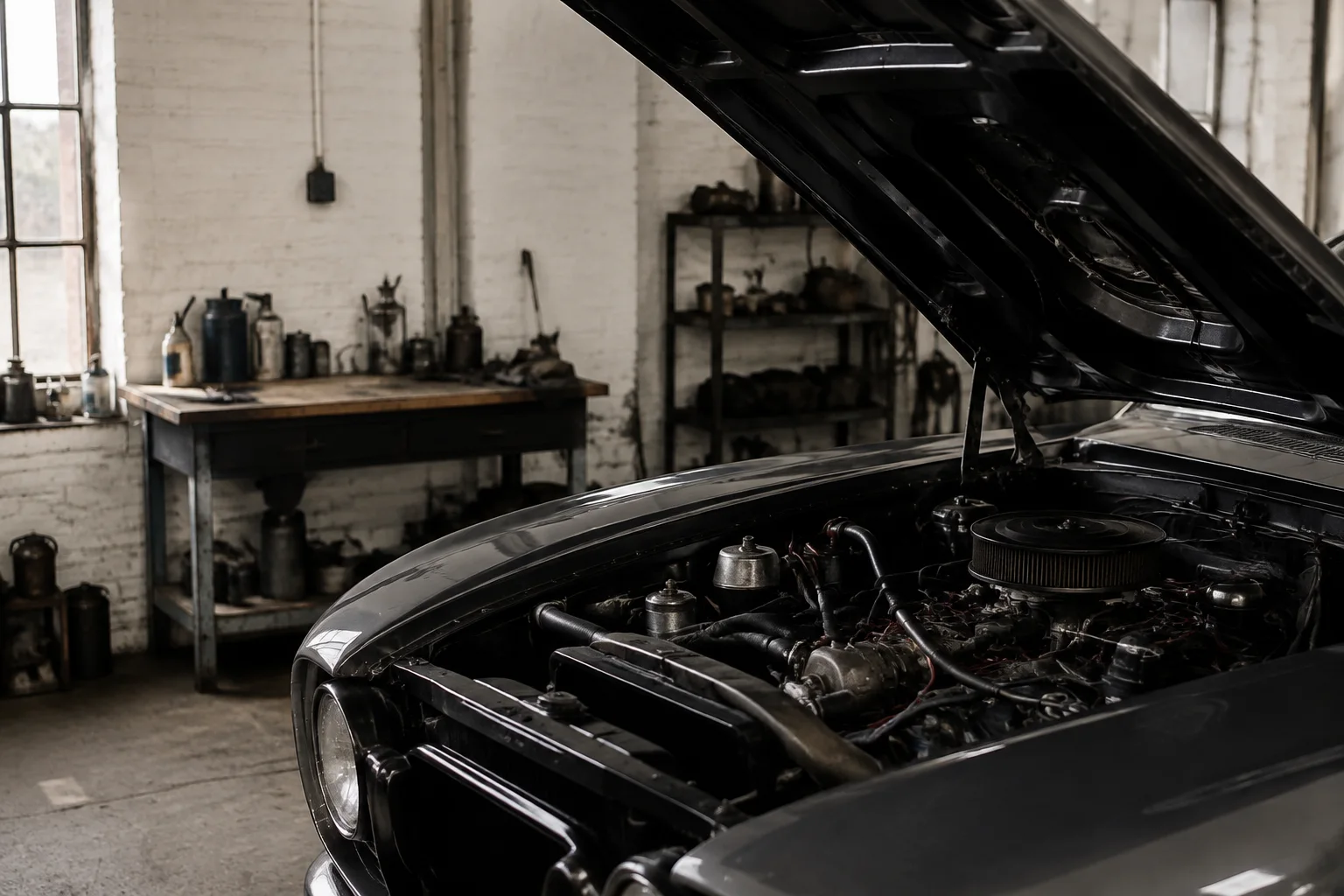 An independent auto repair workshop with the hood of a charcoal classic car open, a realistic engine bay in foreground and off-white garage walls, no logos or text.