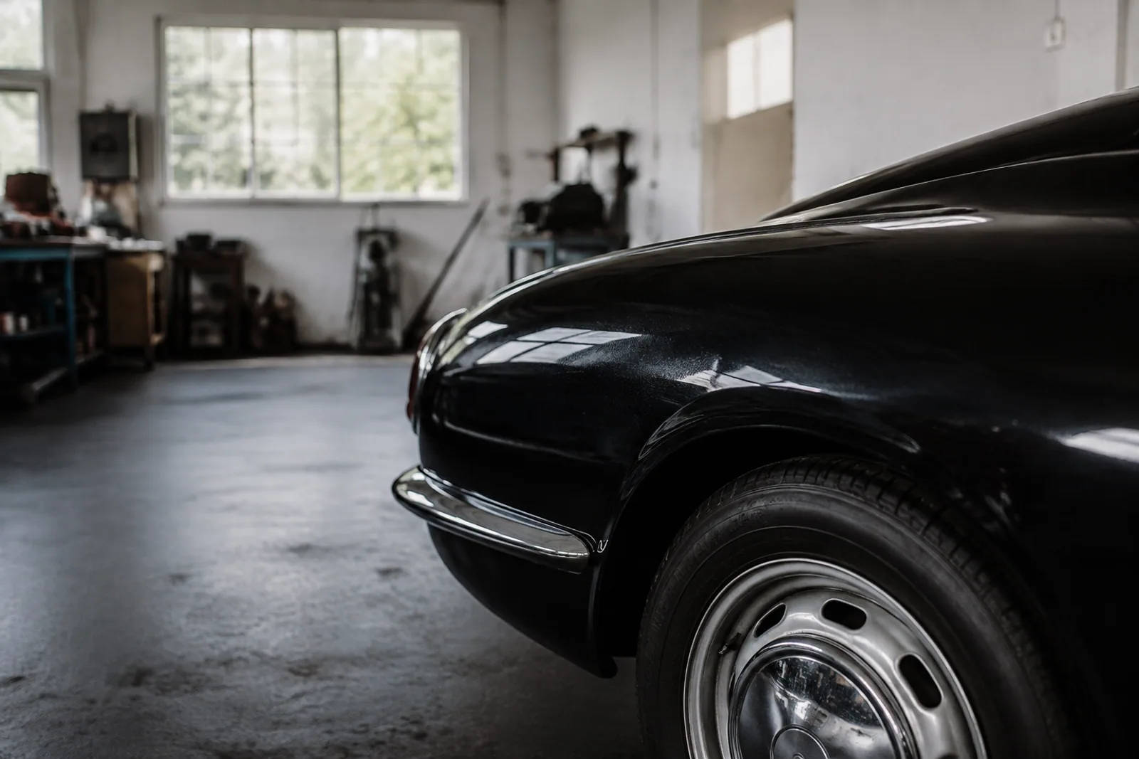 An independent automotive showroom workshop with a close detail of a classic car’s unbranded curved fender and wheel, near-black bodywork and white painted walls, daylight, no people.