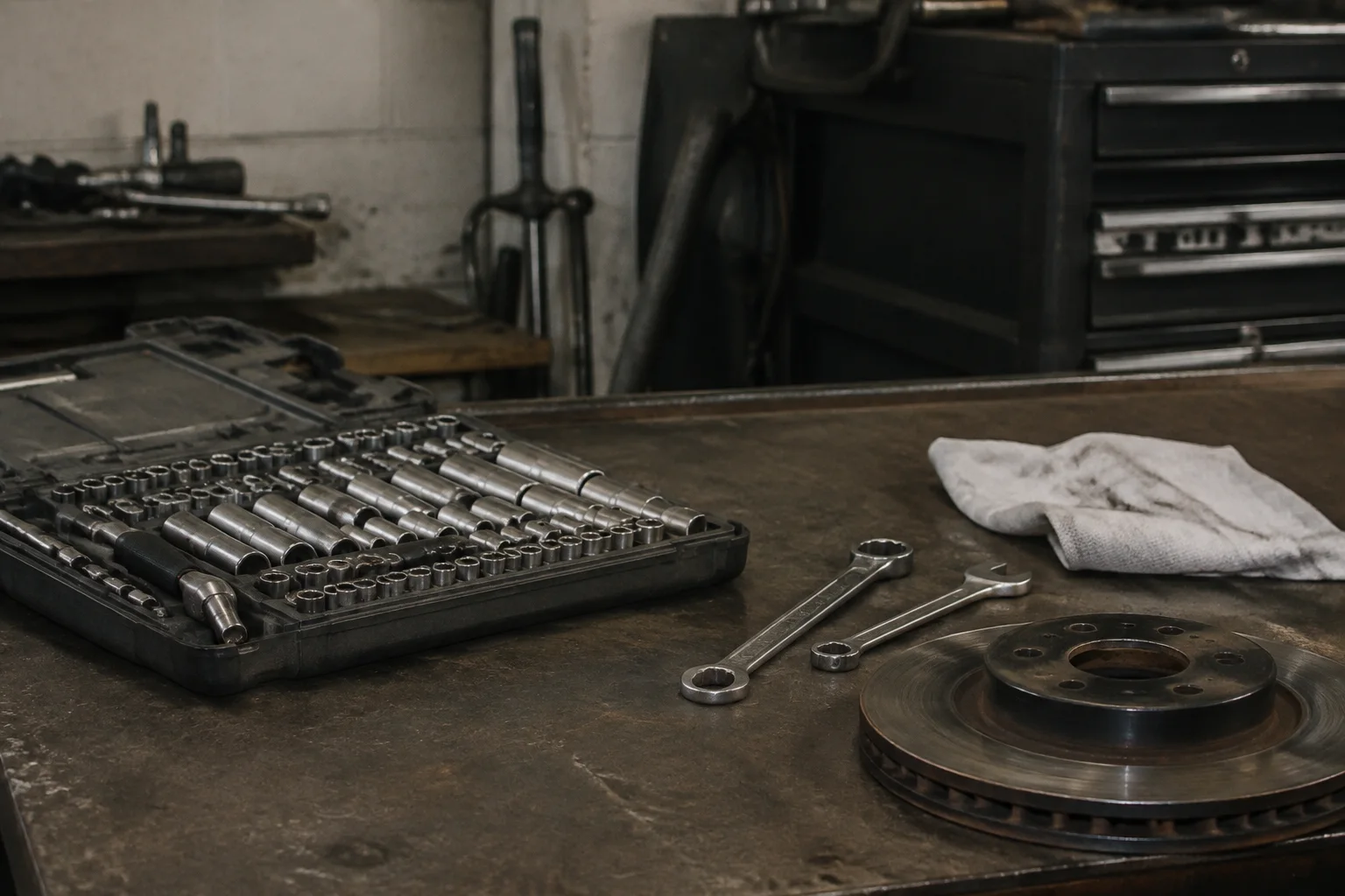 An independent automotive mechanic's workbench, unbranded socket set, steel wrenches, a brake rotor and folded white shop cloth, charcoal tool chest and pale walls.