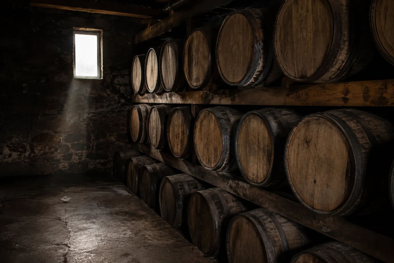 A small independent brewery's oak barrel room, three tiers of weathered unlettered barrels, worn concrete floor and a shaft of natural light, no people.