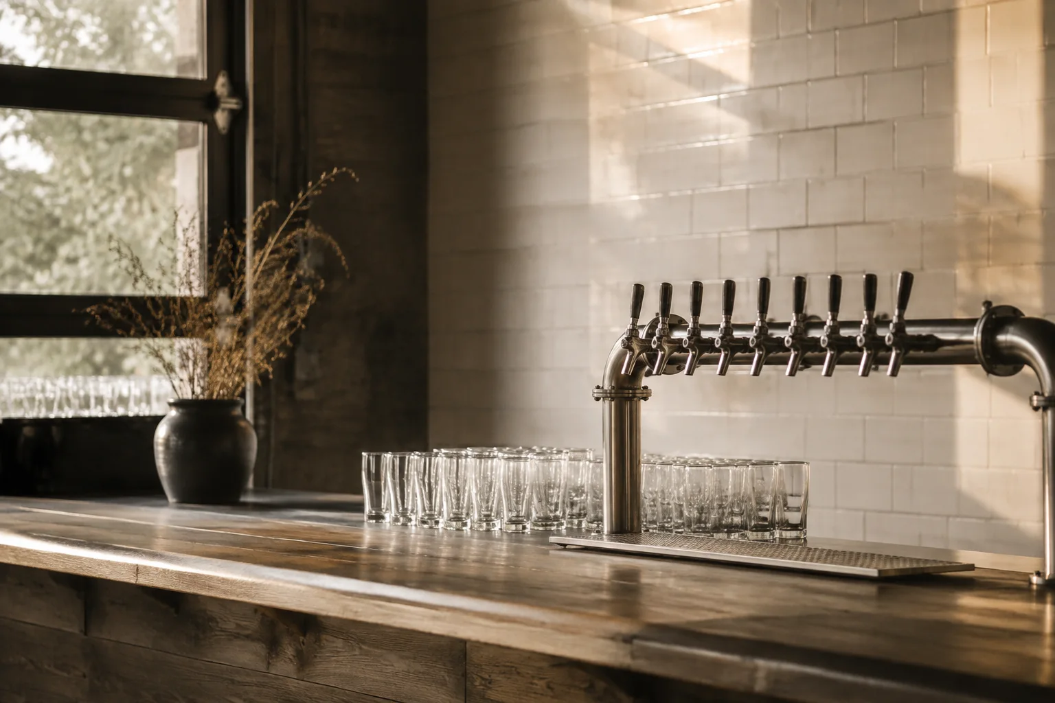 An independent brewery taproom before opening, unbranded steel beer taps over a dark wood counter, empty simple tasting glasses, pale tile wall and afternoon light.