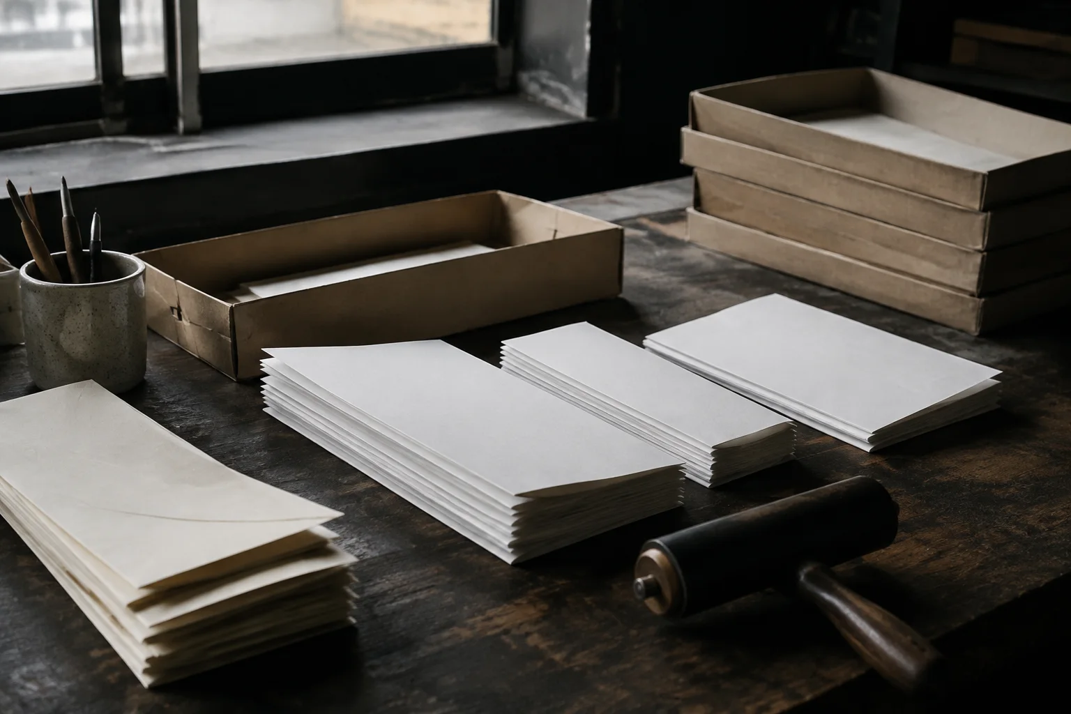 A campaign mailing station with stacks of blank cream envelopes, folded unprinted leaflets, a simple rubber roller and kraft trays on dark wood, side daylight.