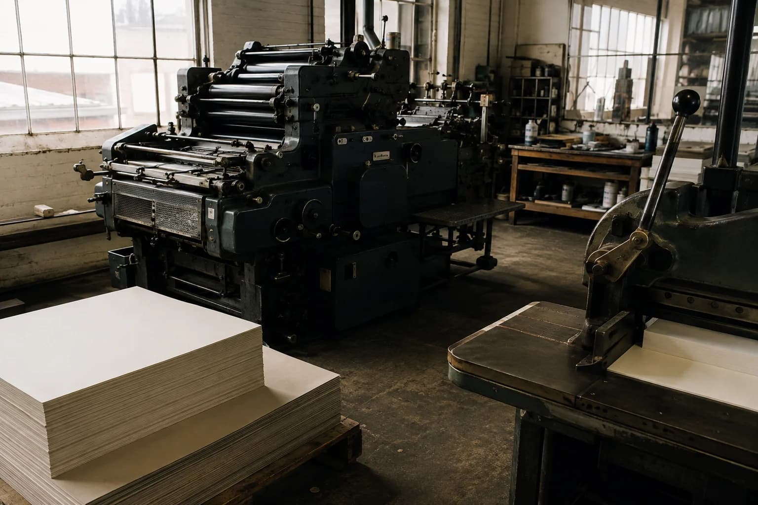 An independent print shop with an offset press, rollers, stacks of unprinted ivory campaign card stock and a metal paper cutter, worn concrete, daylight.