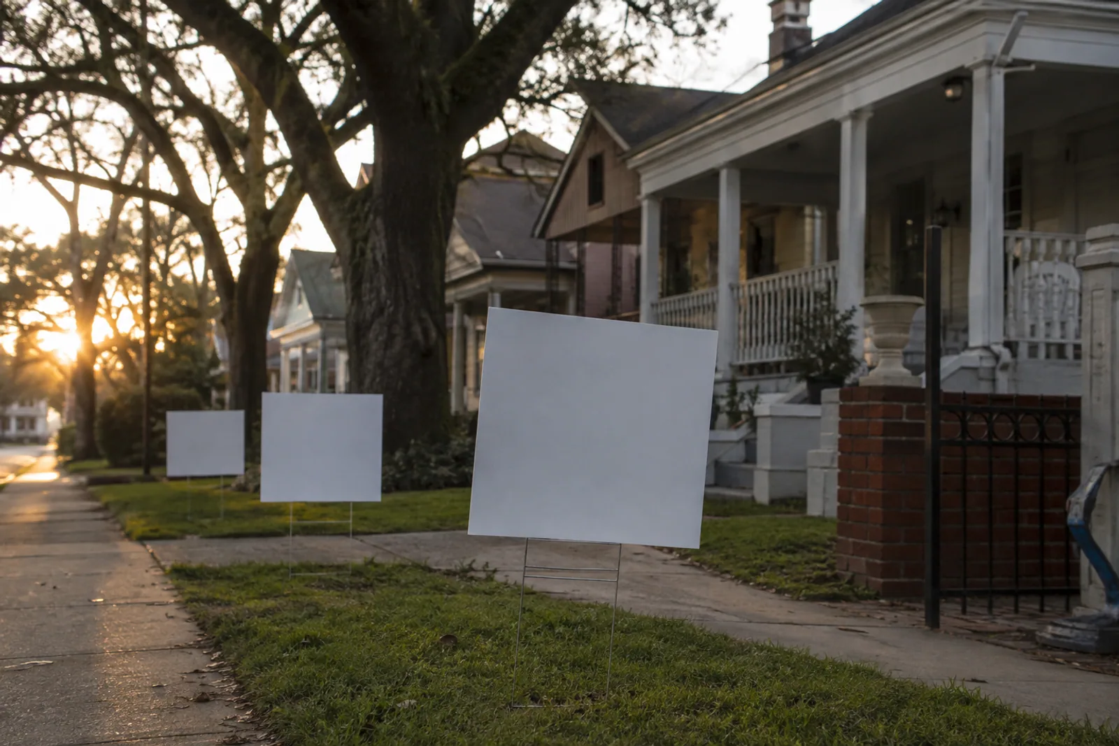A Louisiana residential street at golden hour, modest houses and live oaks, the blank unprinted reverse sides of campaign yard signs facing camera, no people.