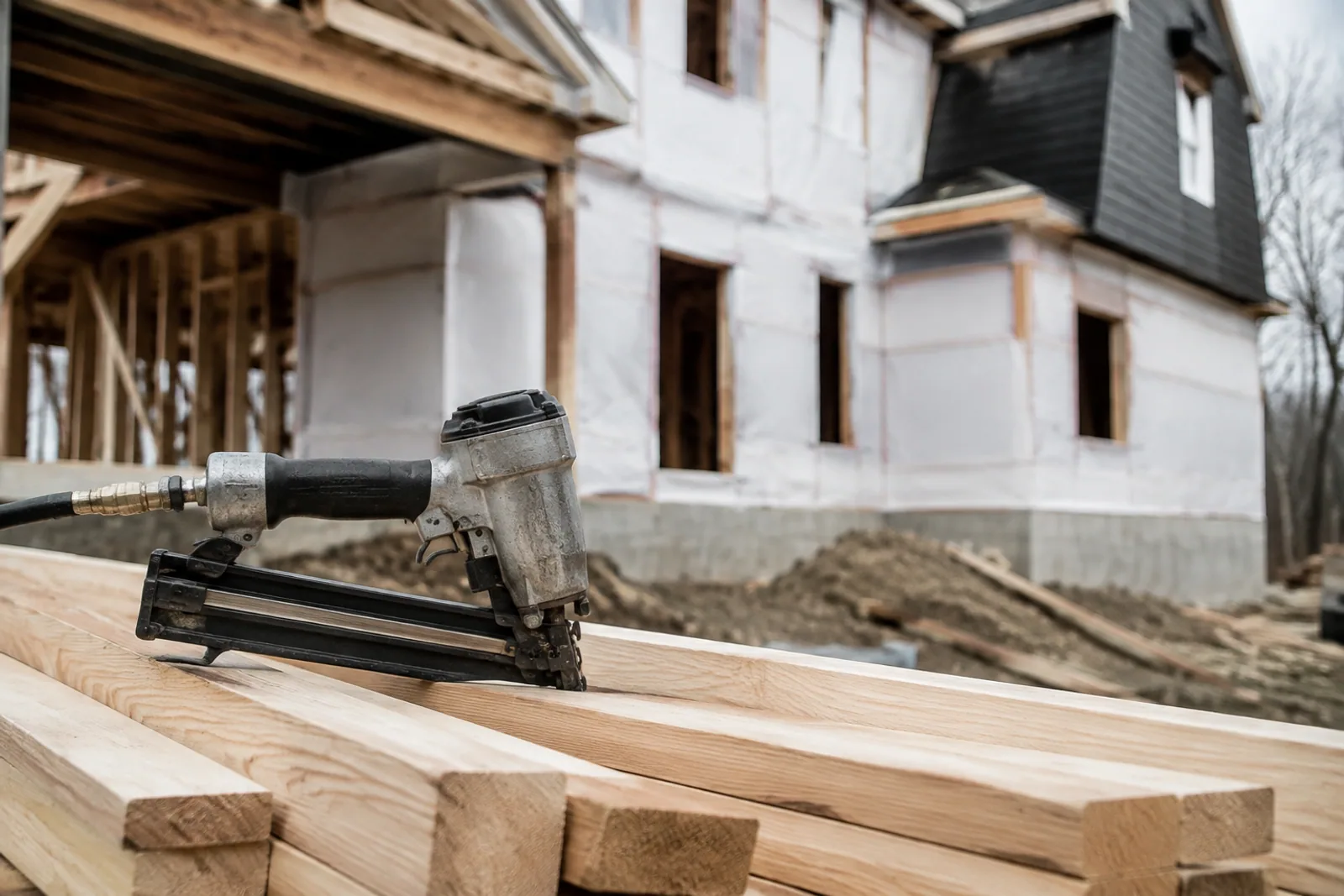 Framing lumber and an unbranded nail gun on a residential construction job site, timber cuts in foreground, unfinished white house wrapping beyond, no people.