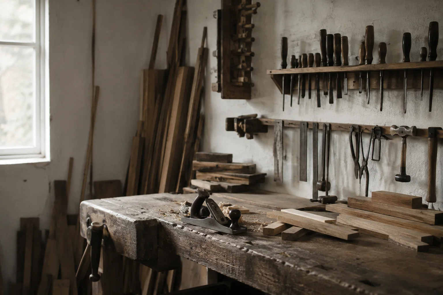 A carpenter's independent workshop, worn joinery bench, hand plane, timber offcuts and neatly hung unbranded tools, pale workshop walls and daylight.