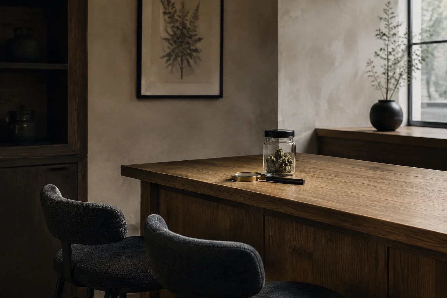 A quiet adult dispensary consultation nook with an oak desk, two charcoal stools, a simple magnifying glass and a closed unlabeled jar of dried flower, pale plaster and diffuse window light.