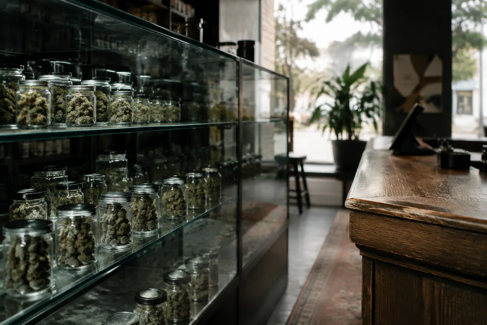 Glass display of unlabeled jars beside a worn oak counter in a neighborhood dispensary; quiet morning, no people.