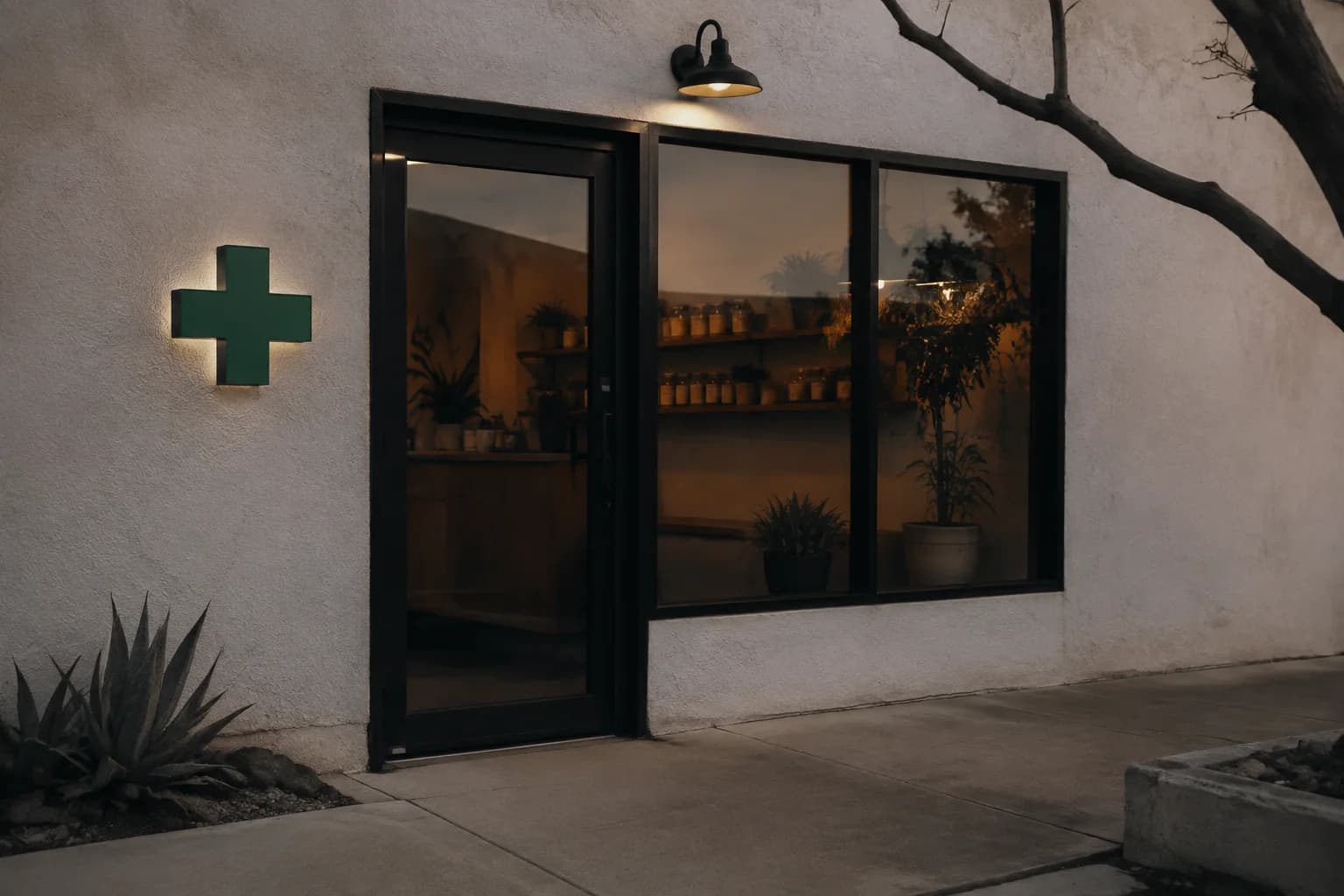 Exterior of a modest independent adult dispensary, pale stucco, charcoal framed storefront door and window, discreet unlettered green cross mounted beside the entrance, quiet early morning.