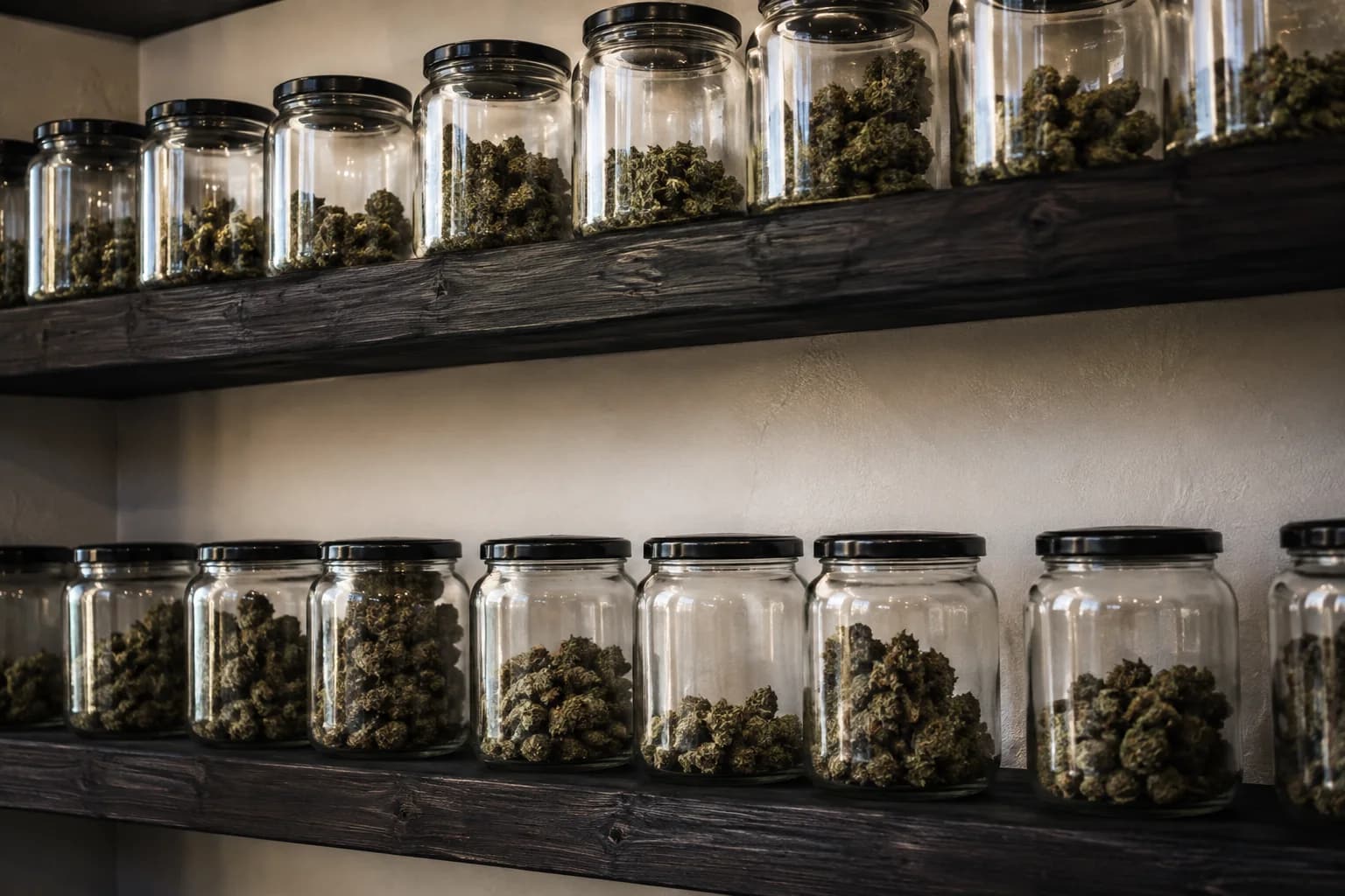 A close shelf of unlabeled glass jars of dried cannabis flower in an independent adult dispensary, dark timber shelves and pale wall; no counter visible.