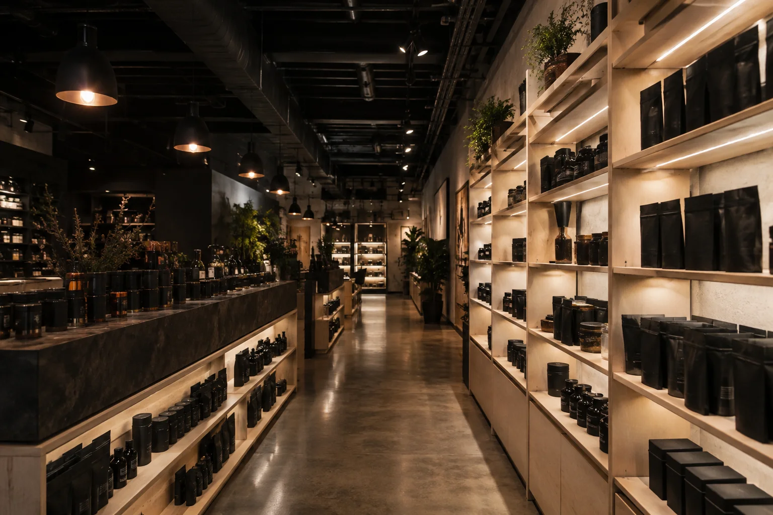 A wide aisle of an independent adult dispensary with unbranded dark packages and pale display shelving, warm practical pendant lights, polished concrete.