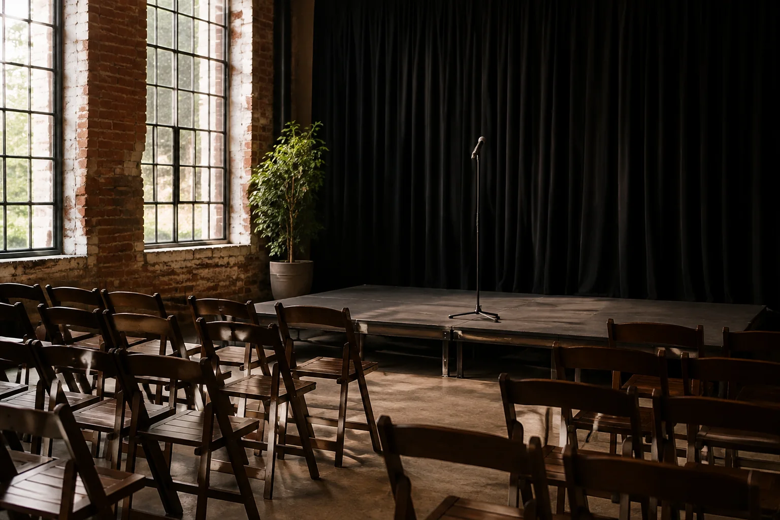 An intimate event venue before opening with a small raised stage, unbranded microphone stand, folded black drapes and rows of empty wood chairs, warm natural window light.