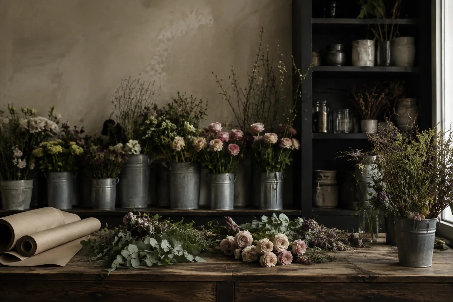 A florist's working shop, galvanized buckets of seasonal flowers, stems and wrapping paper on a scarred oak counter, dark shop shelving, pale plaster walls.
