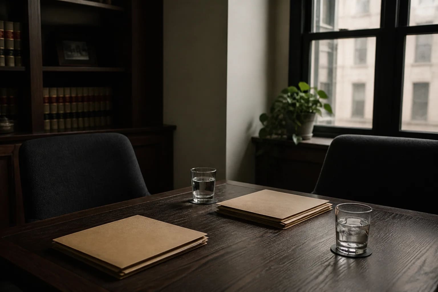 A modest lawyer's consultation room with a dark oak meeting table, two charcoal chairs, closed manila folders and water glasses, soft available window light.