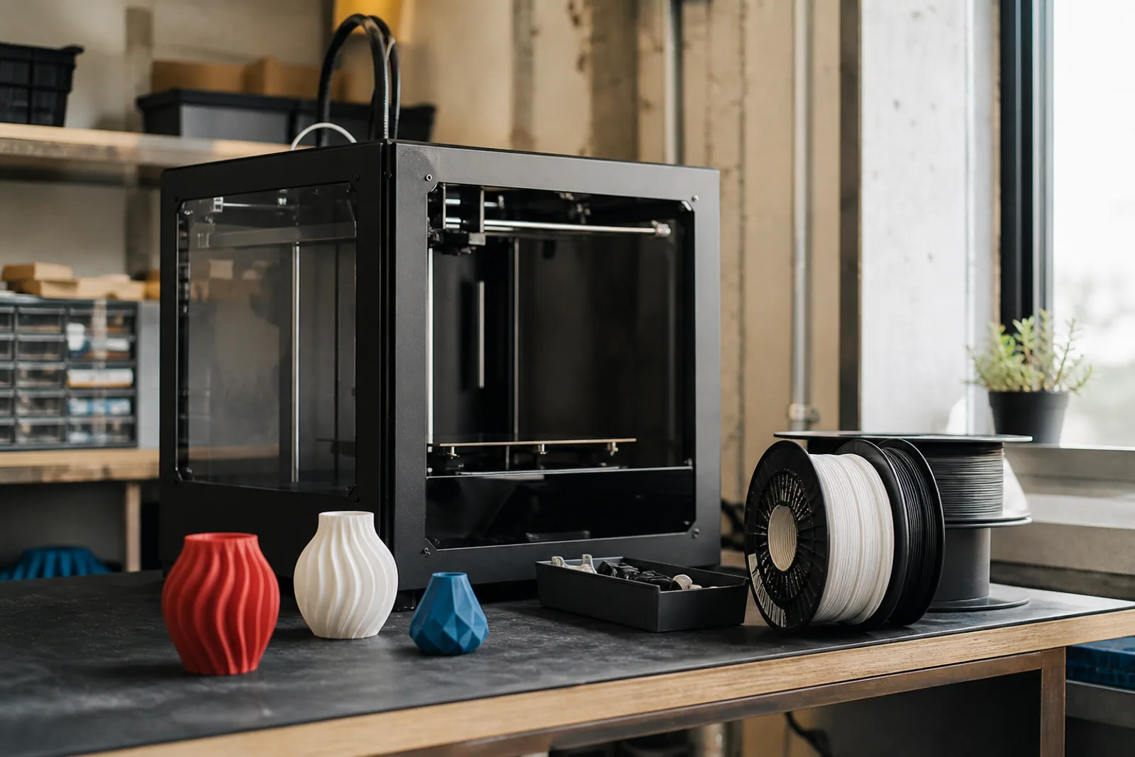 A small independent 3D-printing maker workshop, a charcoal printer and white filament spools beside a few simple colorful printed objects on a workbench, natural side-window light, no people.