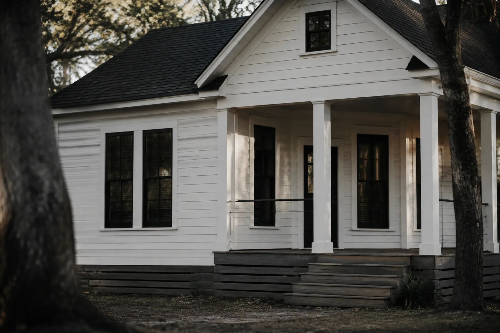 A modest contemporary Louisiana house porch, white siding, dark window frames and worn wood steps, oaks framing the view in late afternoon, no signs, vehicles or people.