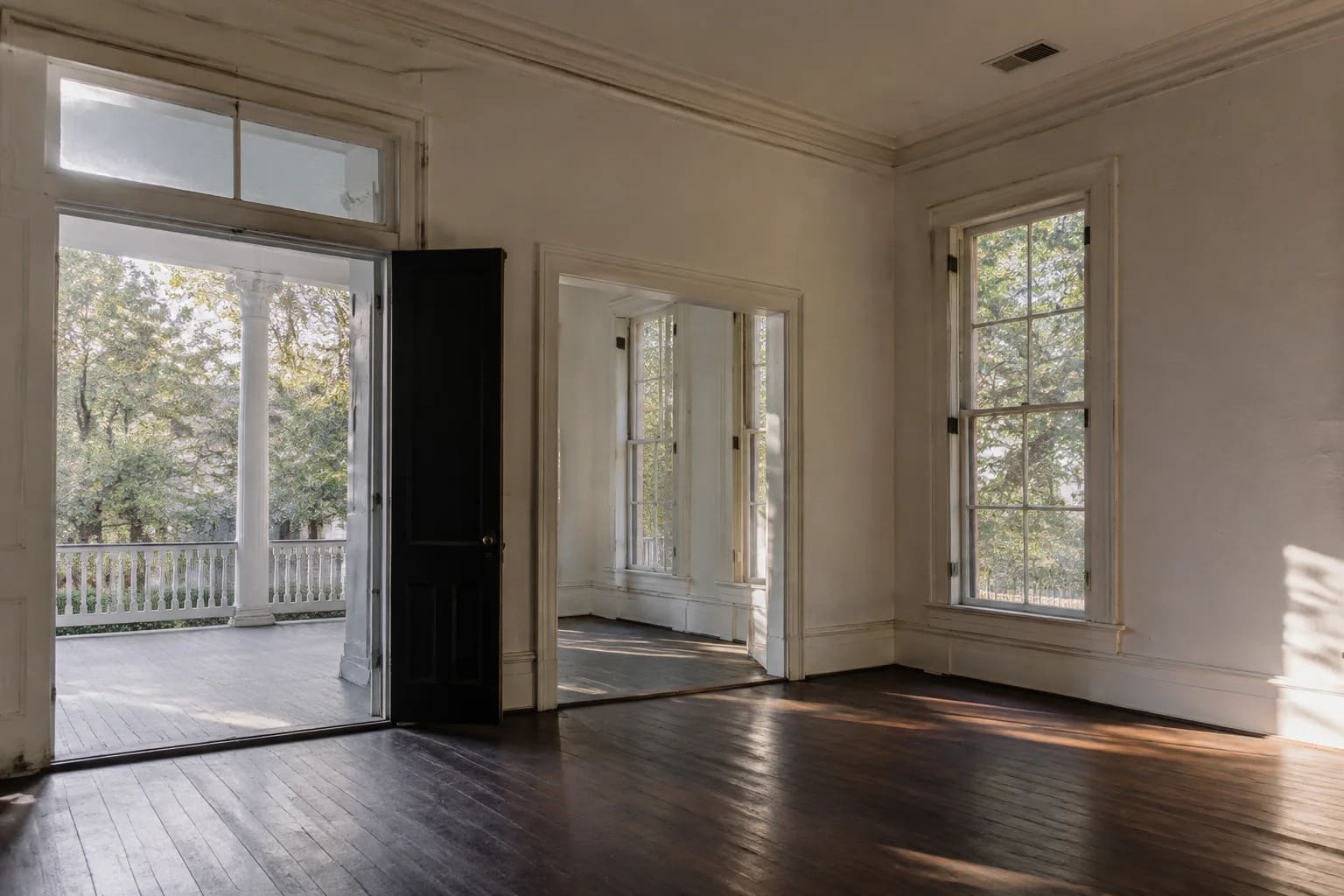 An empty Louisiana home interior prepared for a property showing, white plaster, dark timber floors, tall windows and an open doorway toward a porch, late afternoon light.