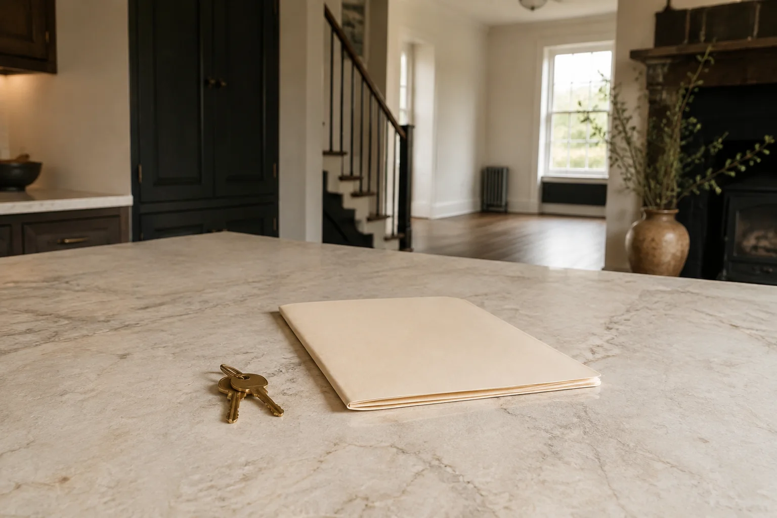 A real estate showing preparation, plain brass house keys and a blank cream folder on a pale stone kitchen island, an empty characterful house interior softly visible beyond.