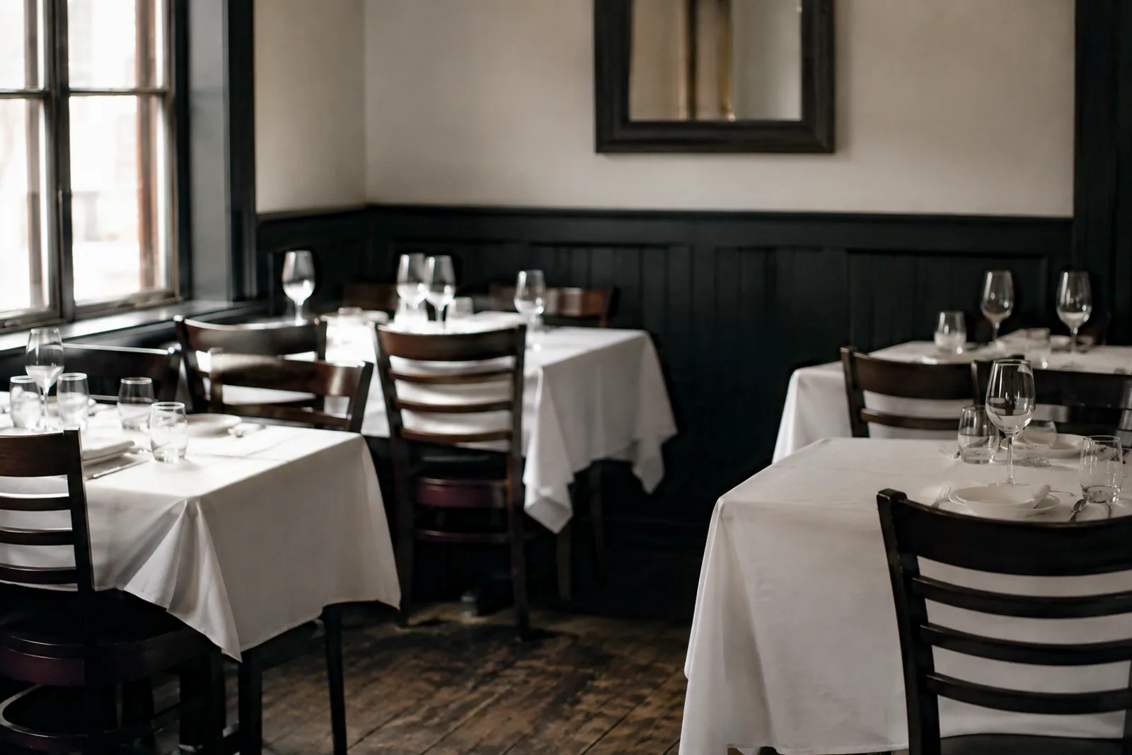 A modest independent restaurant dining room before service, white table linens and dark wood chairs, side window light, no people.