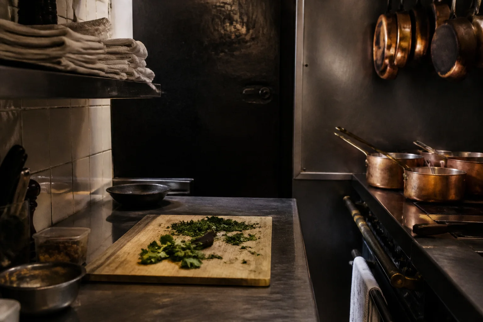 A chef's prep station in a small restaurant kitchen, chopped herbs on a worn board, copper saucepans, stainless counters and folded white towels, no people.