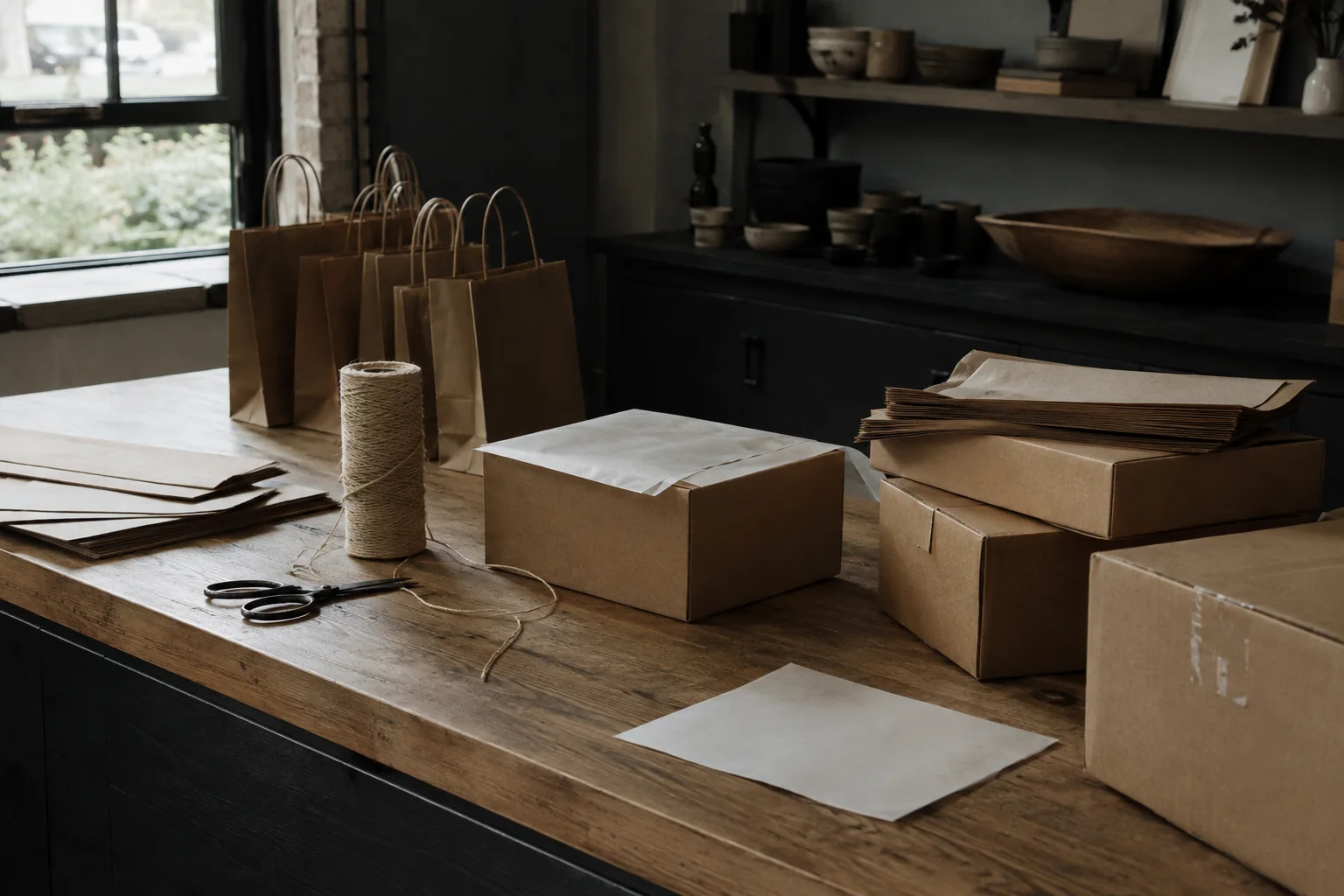 An independent shop's dispatch bench with kraft shipping boxes, unbranded paper bags, tissue paper, twine and a blank packing slip, oak counter with available window light.