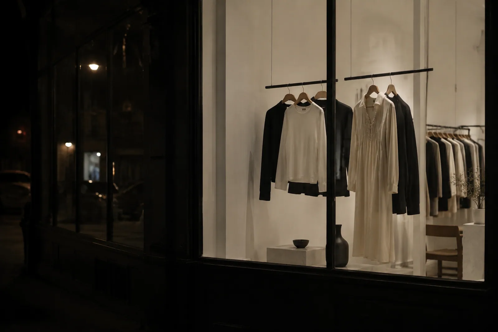 An independent clothing boutique window at night, softly lit simple garments behind glass, white interior and near-black street reflections, no signage, no people.