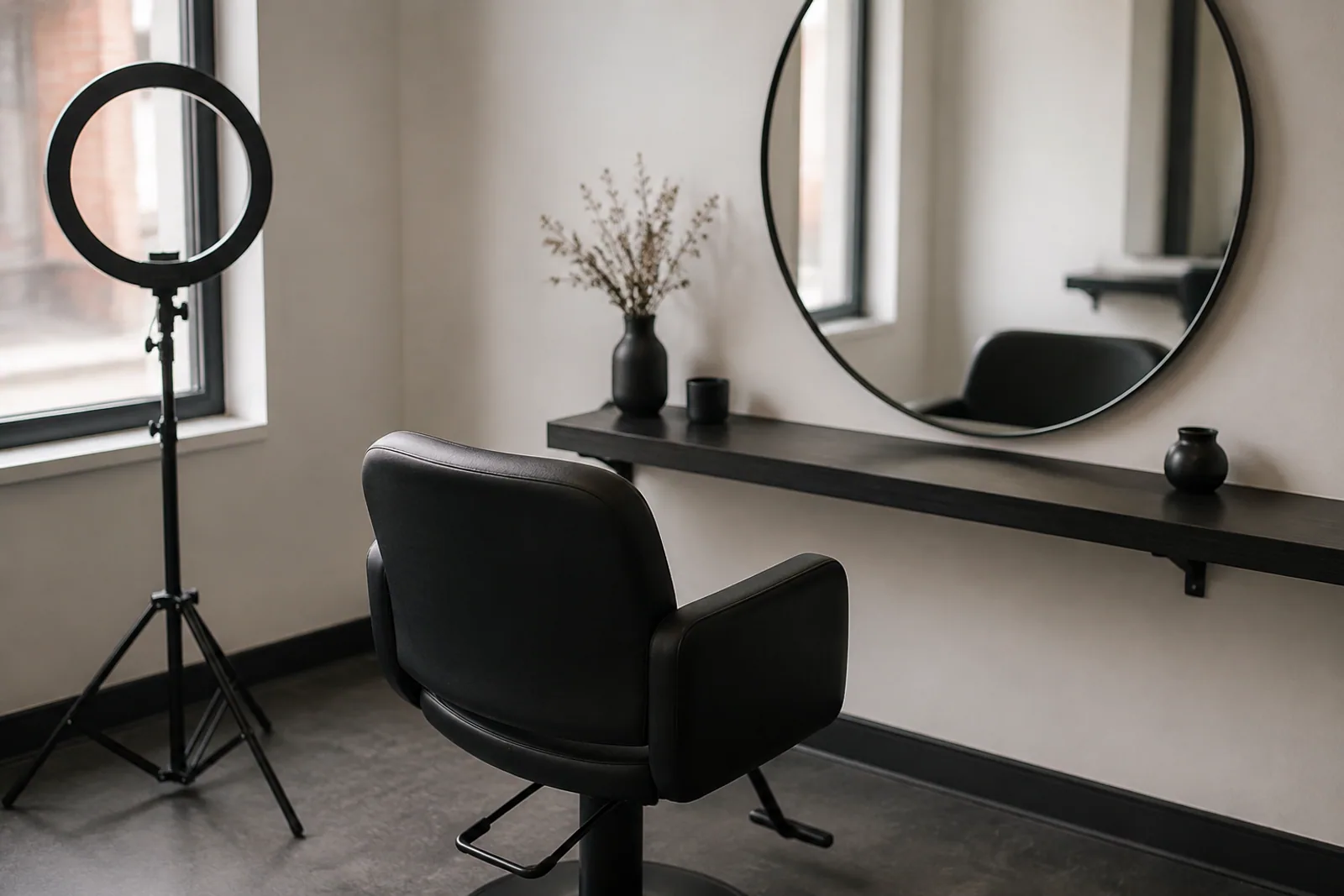 A salon chair and mirror with an unbranded ring light in a small independent studio, white wall and charcoal seat, natural available daylight, no people or reflected people.
