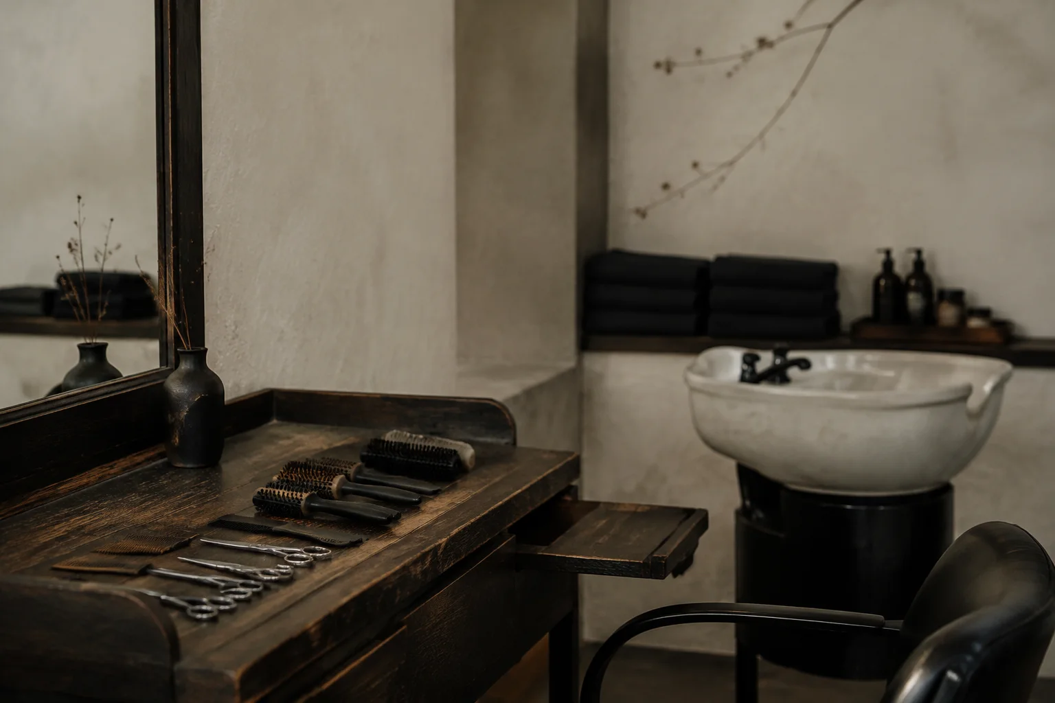 An independent salon styling station with unbranded scissors, combs, hairbrushes and neatly folded linen beside a deep ceramic wash basin, pale plaster and dark oak.