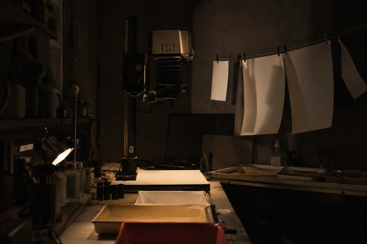 A working independent photographic darkroom, enlarger above trays, unmarked film canisters, hanging blank photographic paper, low warm amber practical light and dark shelves.
