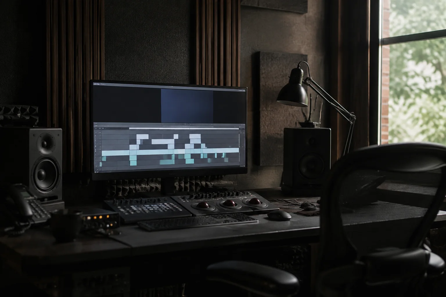 An independent film editing studio, dark edit desk with one large unbranded monitor showing an abstract neutral timeline with no readable text, sound panels and natural side-window light.