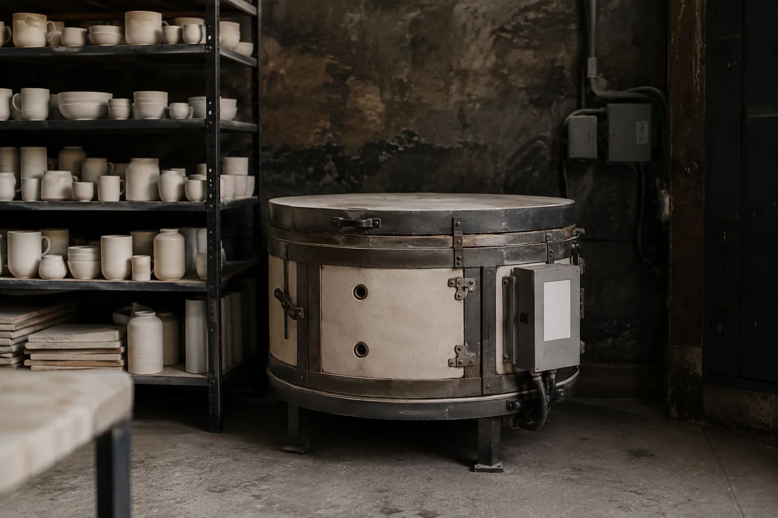 An independent pottery studio kiln room, a closed electric kiln with blank unbranded controls, shelves of pale ceramic vessels, charcoal metal frames and worn concrete.
