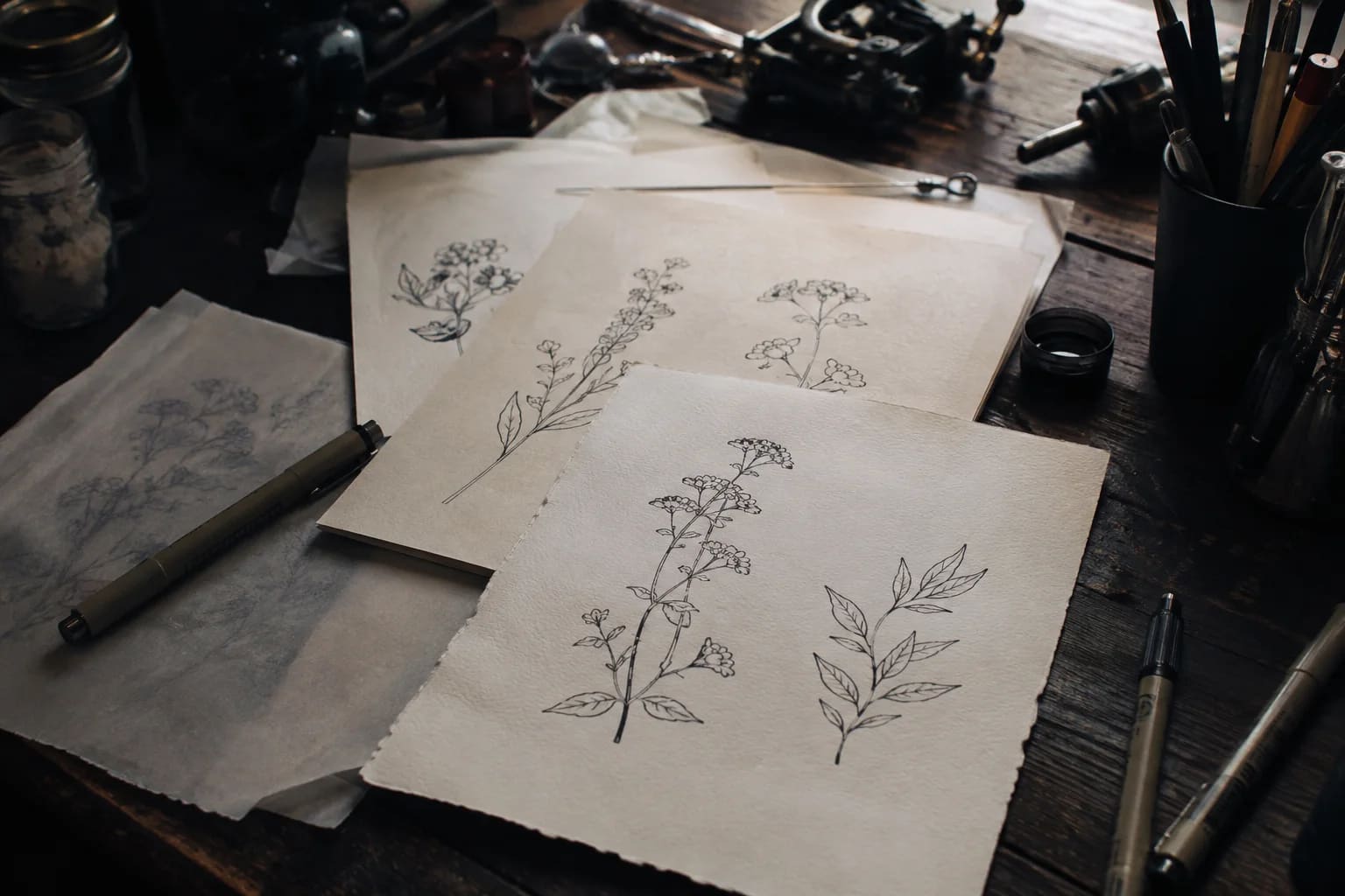 A tattoo artist's desk with original simple botanical ink line sketches on loose off-white sheets, drawing pens, tracing paper and dark wood, no lettering or logos.