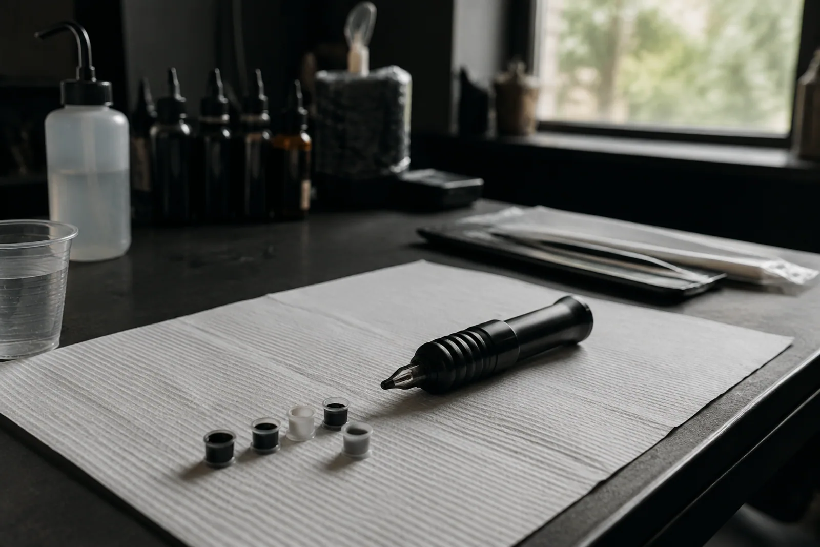 A tattoo artist’s tidy dark workstation with unbranded pen machine and small ink caps on white disposable paper, natural studio window light, no needles in use, no people.